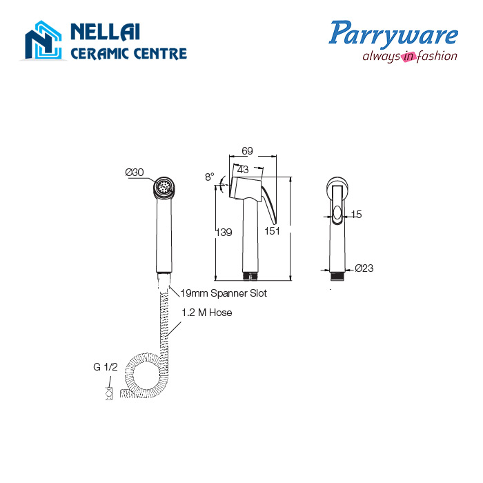 Parryware Pluto Health Faucet With Hose and Hook E8384A1